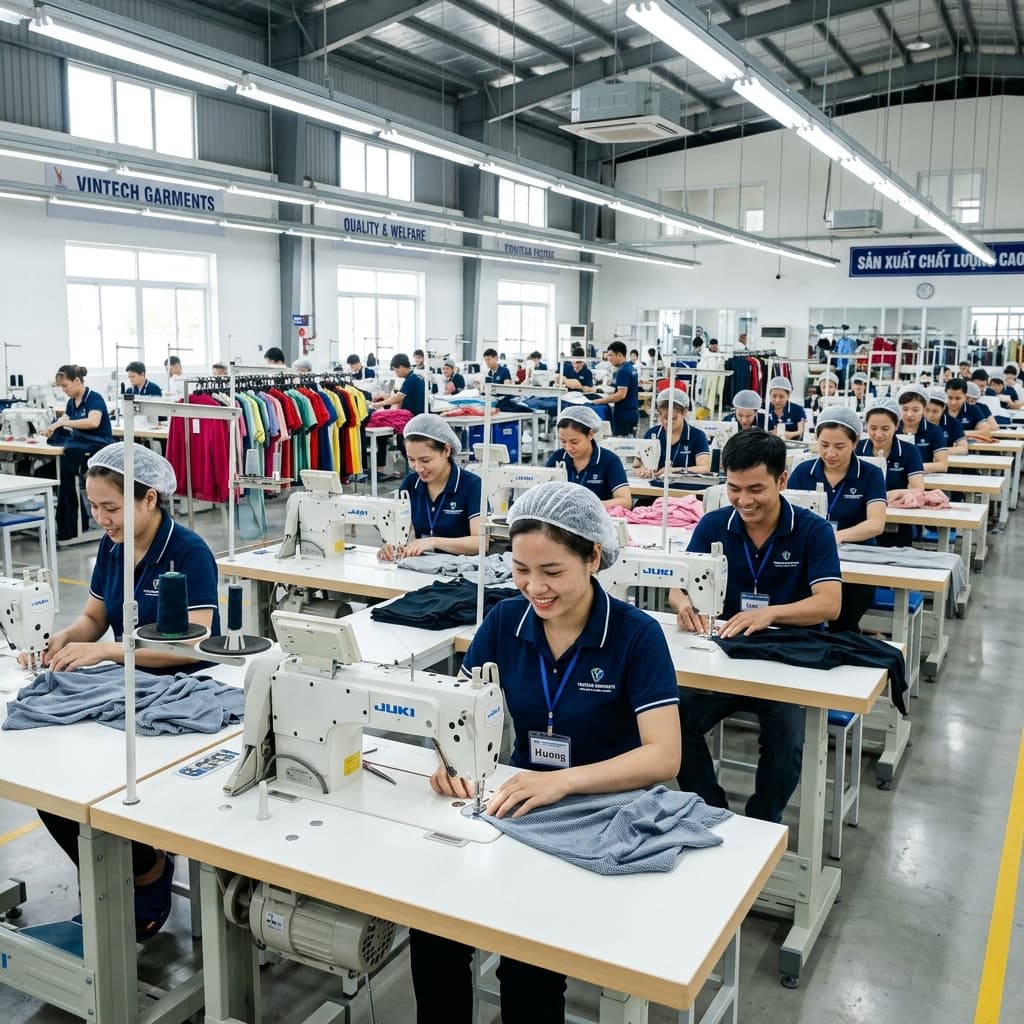 Môi trường làm việc hiện đại, chuyên nghiệp tại Công ty CP May An Hưng - Dây chuyền sản xuất tiên tiến với đội ngũ công nhân tay nghề cao